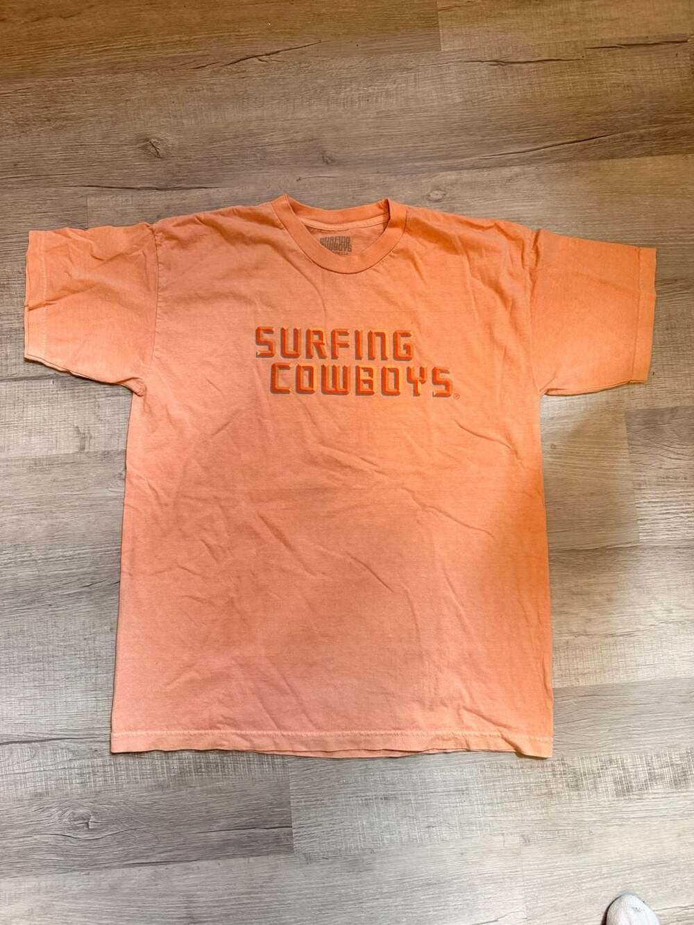 Surfing Cowboys Logo High Crew T-Shirt in Faded Orange